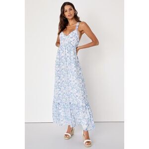 Lulus My Love Story White Floral Print Tie-back Maxi Dress Blue - Size XL